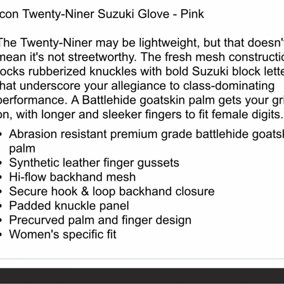 Icon Twenty-Niner CE Womens Motorcycle Gloves Suzuki. Mesh/Leather Sz.M - Picture 6 of 6